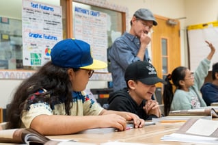 Photo of middle school students looking at a lesson on their desk with their teacher