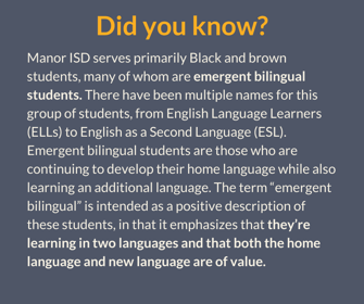 Graphic with text that says, "Did you know? Manor ISD serves primarily Black and brown students, many of whom are emergent bilingual students. There have been multiple names for this group of students, from English Language Learners (ELLs) to English as a Second Language (ESL). Emergent bilingual students are those who are continuing to develop their home language while also learning an additional language. The term ' emergent bilingual' is intended as a positive description of these students, in that it emphasizes that they're learning in two languages and that both the home language and new language are of value."