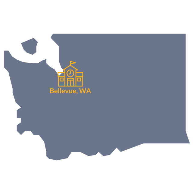 Map of Washington with Bellevue, WA identified